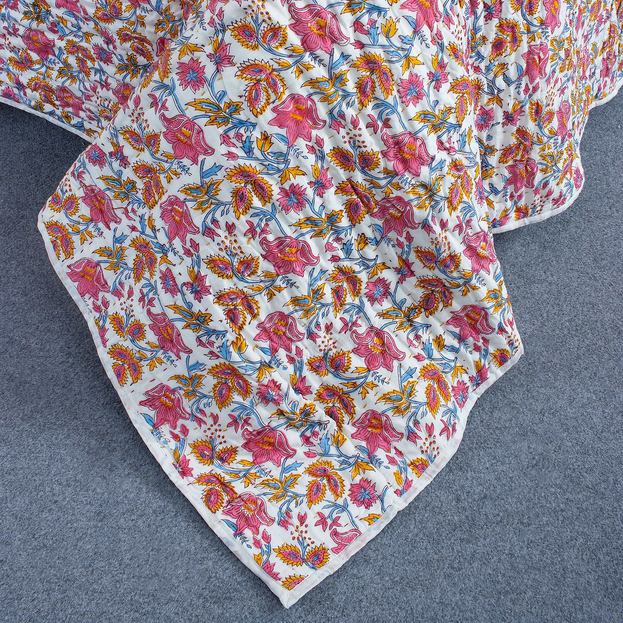 Handmade Red Floral Print Kantha Quilt Blanket